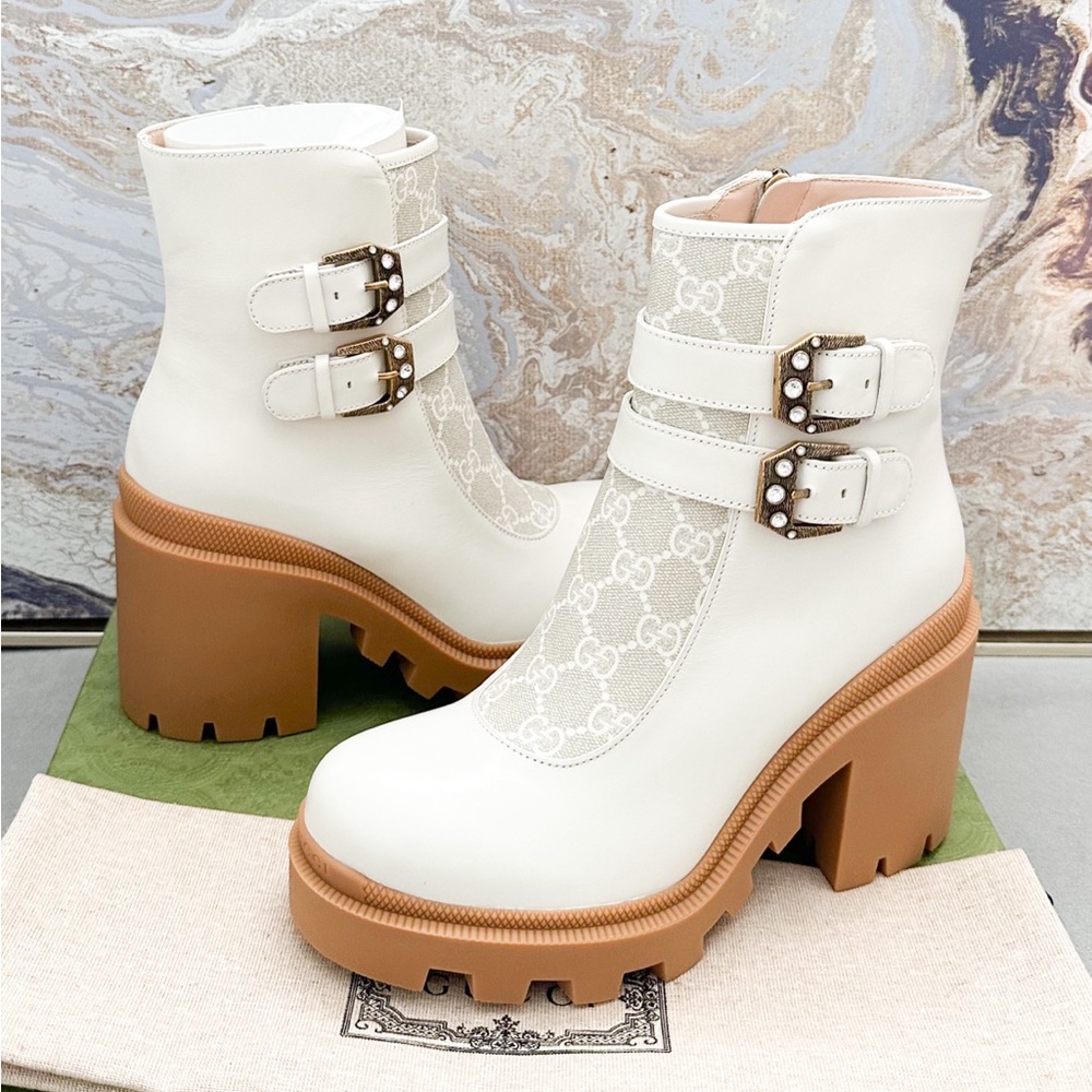 New! Gucci Kensington GG Supreme Monogram  Double Buckle Leather Ankle Boots - Picture 7 of 10